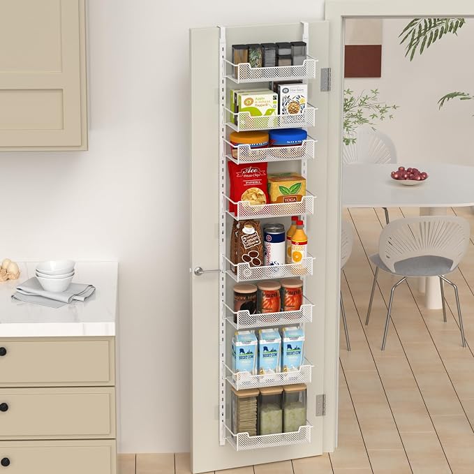 VyGrow 12.3" W Narrow Over the Door Pantry Organizer, 8-Tier Over the Door Organizer with Adjustable Basket, Pantry Door Organization for Pantry Kitchen Storage Room Spice Rack, White - Image 6