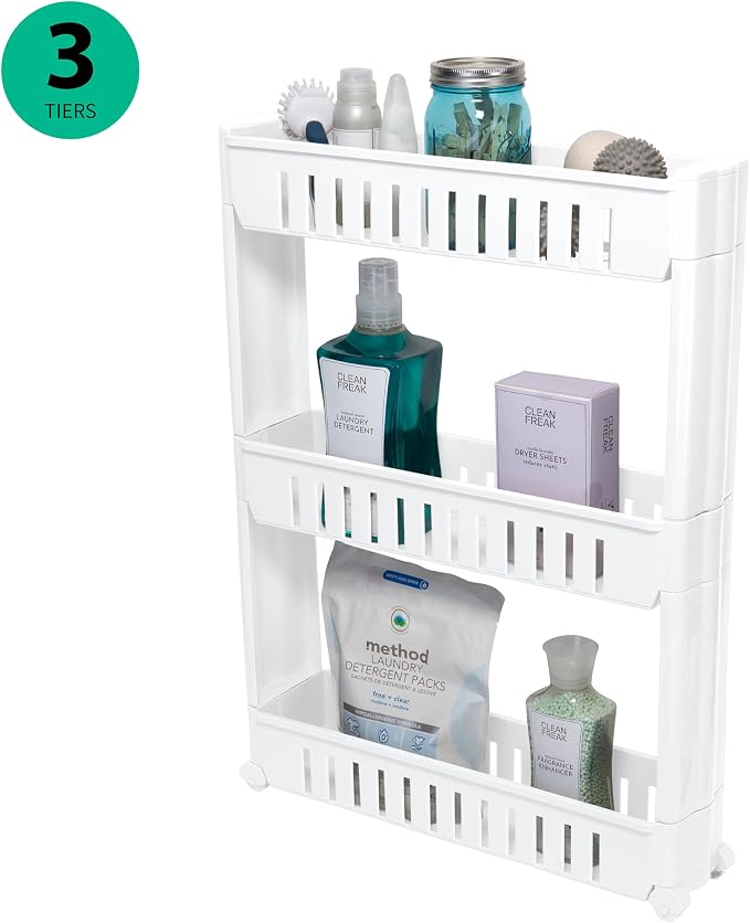 Simplify 3 Tier Slim Slide Out Storage Cart | Multi-Purpose Organization | Rolling | Wheels | Small Space | Laundry Room | Kitchen | Bathroom | Office | White - Image 4