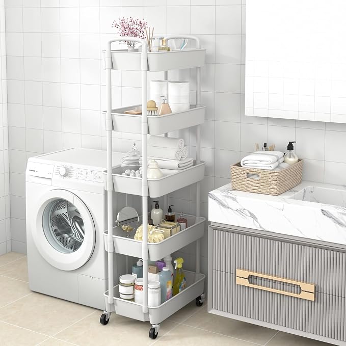 Sywhitta 5-Tier Plastic Rolling Utility Cart with Wheels for Storage,White | Multi-Functional Storage Trolley, for Office, Living Room, Kitchen, Bathroom,Movable Organizer,Space-Saving,Easy to assemble - Image 6