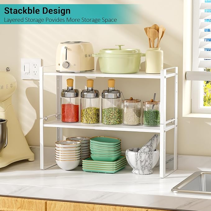 2 Pack Expandable Cabinet Organizer Shelves, 88lbs High Weight Capacity, Stackable Heavy-Duty Metal Storage Rack, Adjustable Cabinet Shelf for Kitchen, Pantry, Cupboard, Under Sink, White - Image 2