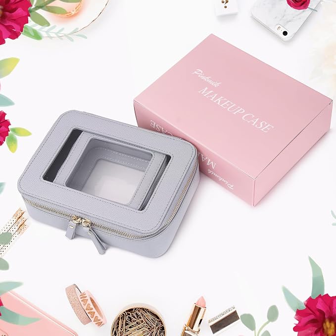 Pinkmik Clear Makeup Bag, (Gray, M+MINI) | 2PC,Waterproof, Travel Case for Cosmetics and Toiletries, Women's Purse Organizer, Clear Car Bag with Zipper - Image 8