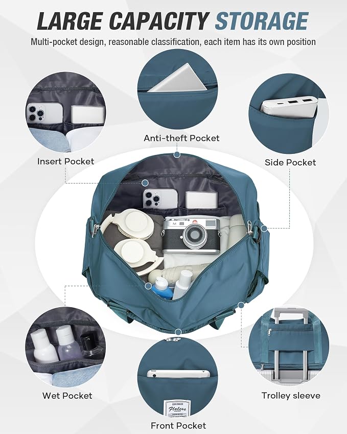 Foldable Travel Bag Expandable Duffle Bag for Women Men, Large Weekend Bags | Waterproof Carry On Personal Item Duffel Bag 40L Double-layer, Overnight Weekender Bags with Luggage Sleeve, Peacock Blue - Image 5