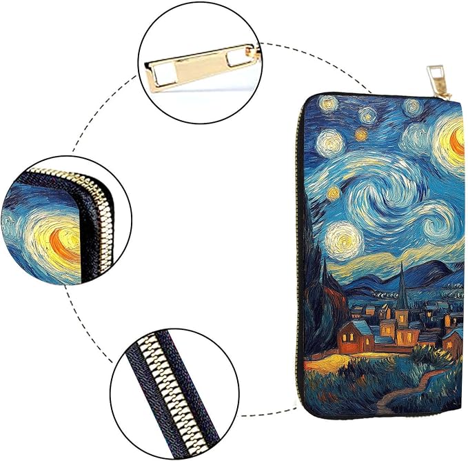 Women's RFID Blocking PU Leather Zip-Around Wallet, Large Capacity Clutch with Phone Holder, Travel Purse & Card Organizer with Removable Wristlet,Van Gogh Starry Night - Image 4