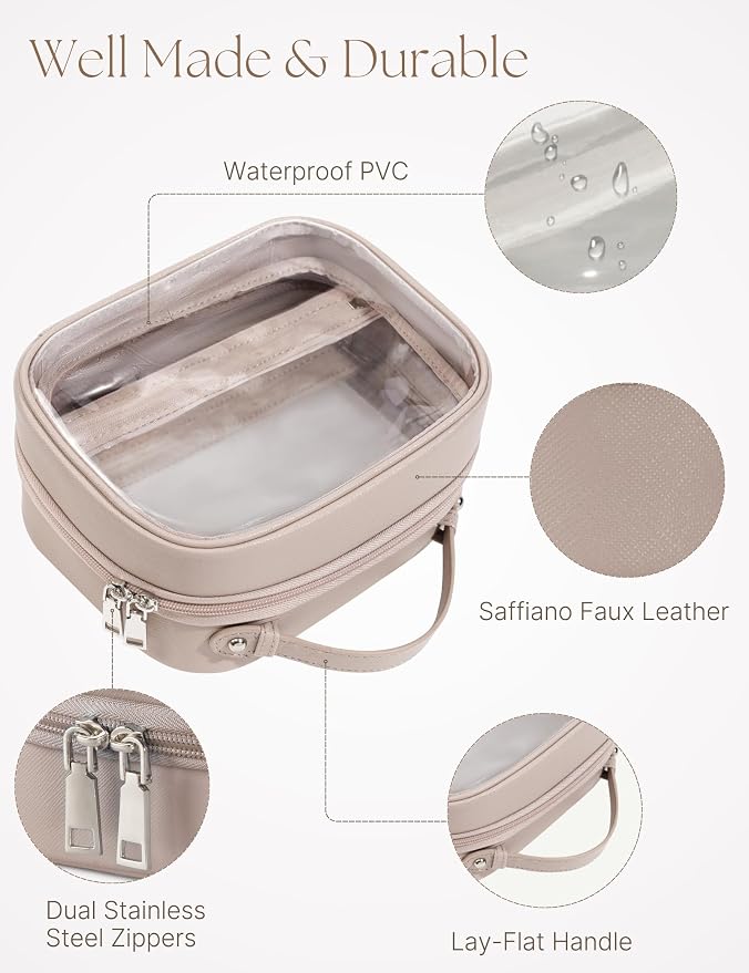 Clear Cosmetic Bag Double Layer 4 Compartments Travel Toiletry Bag Clear Makeup Bag Case with Zipper Transparent Travel Bag for Toiletries, Gift for Women Girls (Taupe, Small) - Image 8
