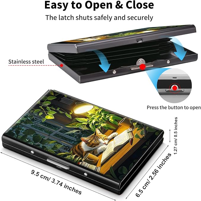 Metal Wallet,Credit Card Holder for Women Men,RFID Blocking Card Holder Mini Slim Aluminum Wallet ID Case Hard Case Business Card Holder Case,Cat Book Plant - Image 5