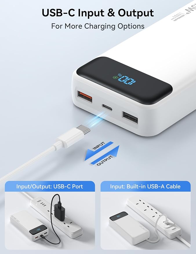 Nusyddy Portable Charger 20000mAh 22.5W w/4 Built-in Cables/6 Outputs White | 22.5W Fast Charging, LED Display, Pass Through Charging, Charge 6 Devices at once, TSA Approved, Fits iPhone, iPad, Samsung - Image 6