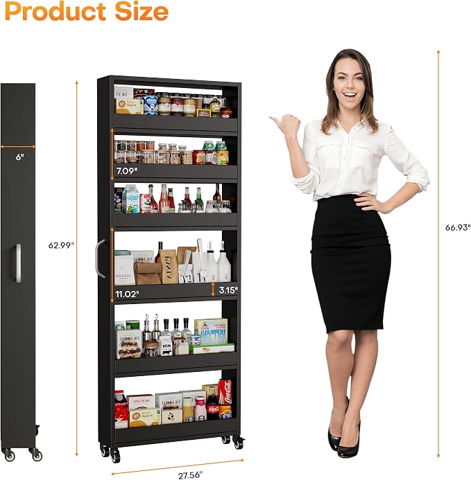 Slim Storage Cart, Lightweight 6 Tier Metal Rolling Utility Kitchen Cart on Wheels, Mobile Storage Shelving Unit Organizer for Bathroom Laundry Office Narrow Places (Black, 6" D) - Image 7