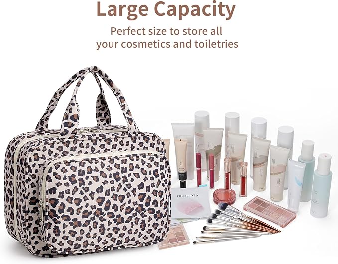 Narwey Travel Toiletry Bag for Women Large Capacity, Hanging Makeup Bag Organizer Toiletries Bag for Full Size Essentials, Accessories, Brushes, Cosmetics (Beige Leopard (Large)) - Image 6
