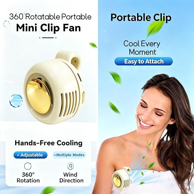 Portable Silent Clip-On Bladeless Personal Fan, Wearable Waist & Neck Fan, 360° Rotation, 3 Speeds, USB-C Rechargeable, Compact & Lightweight, Hands-Free Cooling for Travel, Office & Outdoor (White) - Image 5