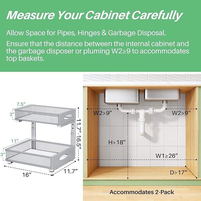 Under Sink Organizer, 1-Pack Pull Out Cabinet Organizer 2 Tier Metal Slide Out Storage Shelf Rack, L-Shaped Adjustable Height,Mesh Sliding Drawer for Kitchen, Bathroom, Laundry, Pantry, Grey, XL - Image 2