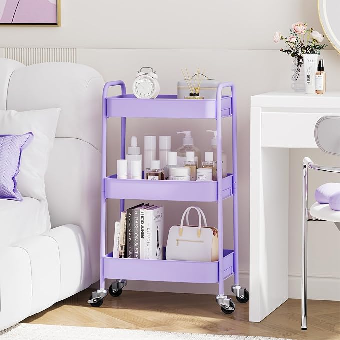 TOOLF 3 Tier Metal Rolling Cart, Utility Storage Cart with Wheels, Purple | Screwless Assembly, Lockable Metal Wheels, Trolley Organizer for Bathroom, Kitchen, Office, Dorm, Laundry, Craft Room - Image 7