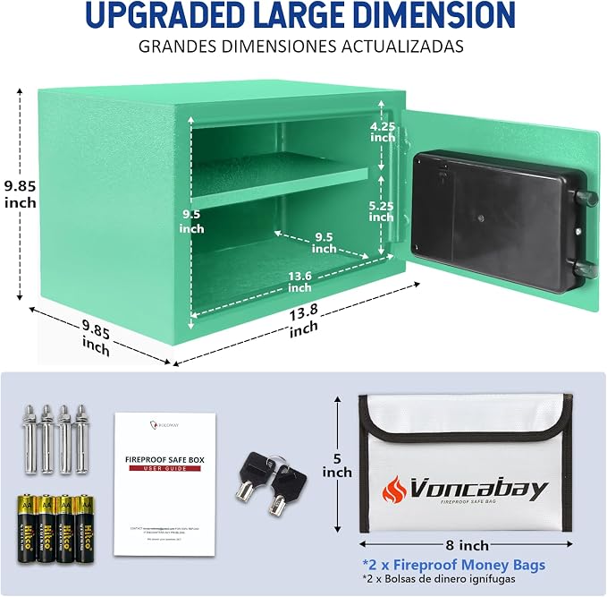 Voncabay Money Safe Box for Home with Digital Keypad, 0.8 Cu. Ft., Green | Alloy Steel, 2 Fireproof Bags, Digital Keypad with Display, Removable Shelf, Fits A4, 13.8 x 9.85 x 9.85 In. - Image 2