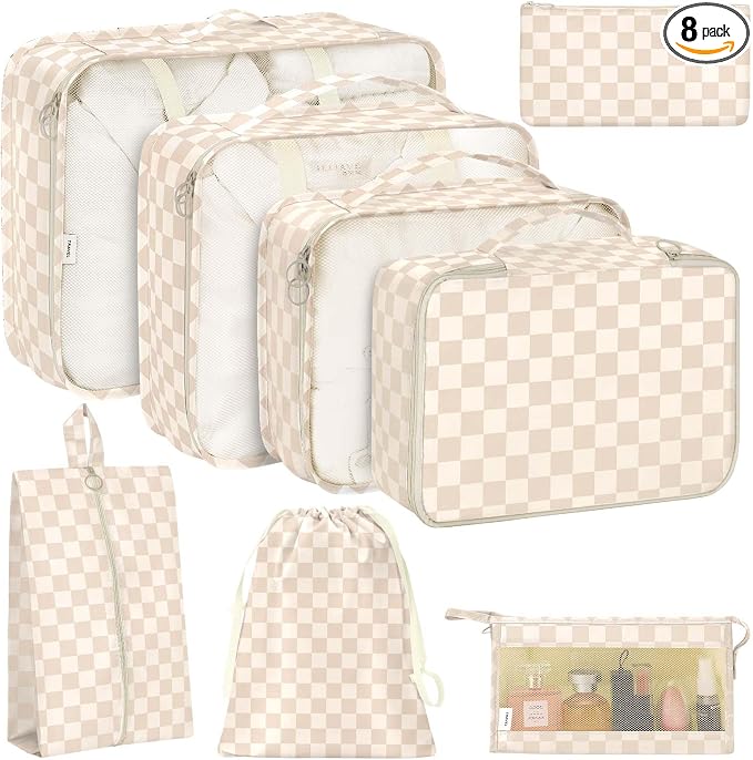 KPX 8 Set Packing Cubes for Travel, Luggage Packing Organizers Accessories Large Toiletries Bag for Clothes Shoes Cosmetics (Two-tone Khaki) by KPX