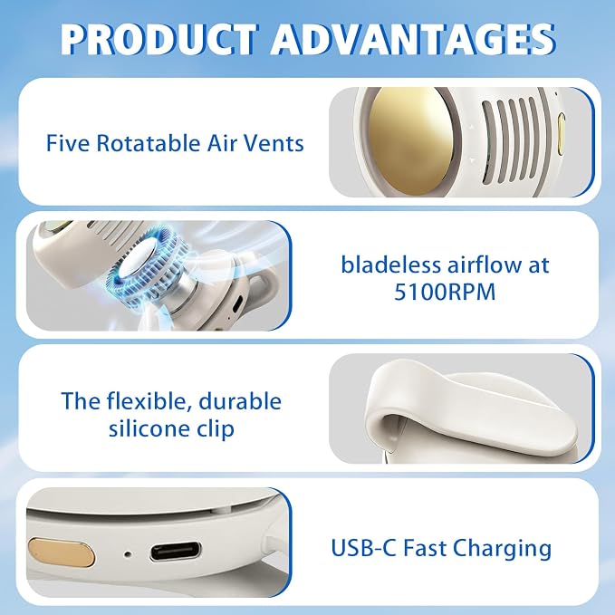 Portable Fan,Clip On Waist Bladeless, Ultra-Quiet Personal Mini Neck Fan | 3 Speeds with 360°Adjustable Clip Mini Fan Personal USB Rechargeable Small Fan for Summer - Image 3
