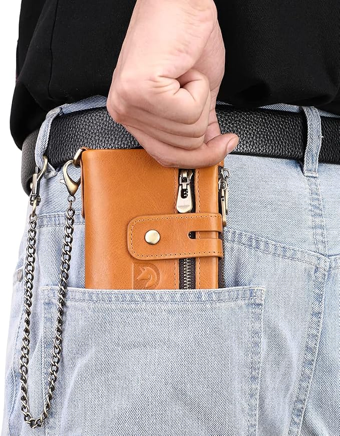 Mens Wallet with Chain Genuine Leather Purse RFID Blocking Biker Bifold Wallet with Anti-Theft Chain - Image 2