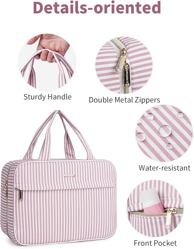 Narwey Striped Hanging Travel Toiletry Bag, Makeup Bag Organizer Make up Toiletries Bags for Full Size Essentials, Accessories, Brushes, Cosmetics (Dusty Pink Stripe, Large) - Image 5