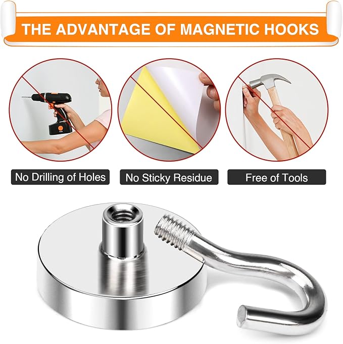 Magnetic Hooks Heavy Duty 50 Lbs Magnet with Hook for Cruise Cabins | Strong Magnets Neodymium for Hanging Magnetic Wall Hooks for Refrigerator Locker Decoration Workplace 10Pack Silver - Image 4
