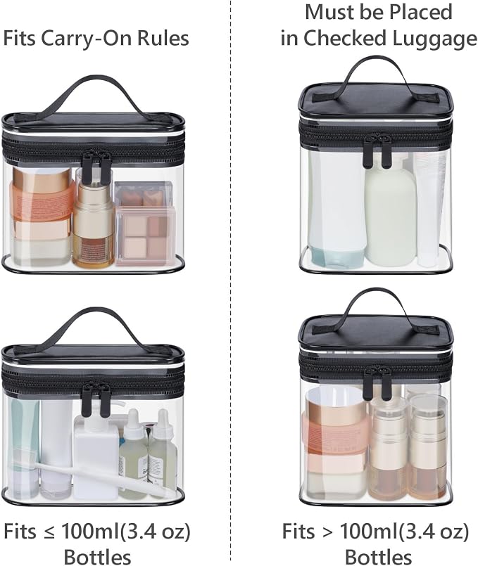 Clear Makeup Bag for Travel - TSA Approved Toiletry Bag, 2 Black | 1 Medium Quart Carry-On & 1 Large Checked-Luggage, Top Handle, Double Metal Zippers, 180° Opening, Clear Easy-Check, Women - Image 8