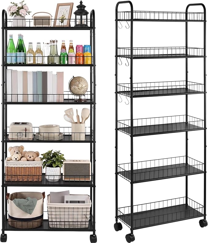 6 Tier Rolling Storage Cart on Wheels, Slim Tall Narrow Storage Shelf for Small Spaces, Metal Utility Cart Freestanding Mobile Shelving Rack with Wheels for Kitchen, Bathroom, Laundry Room by Unknown