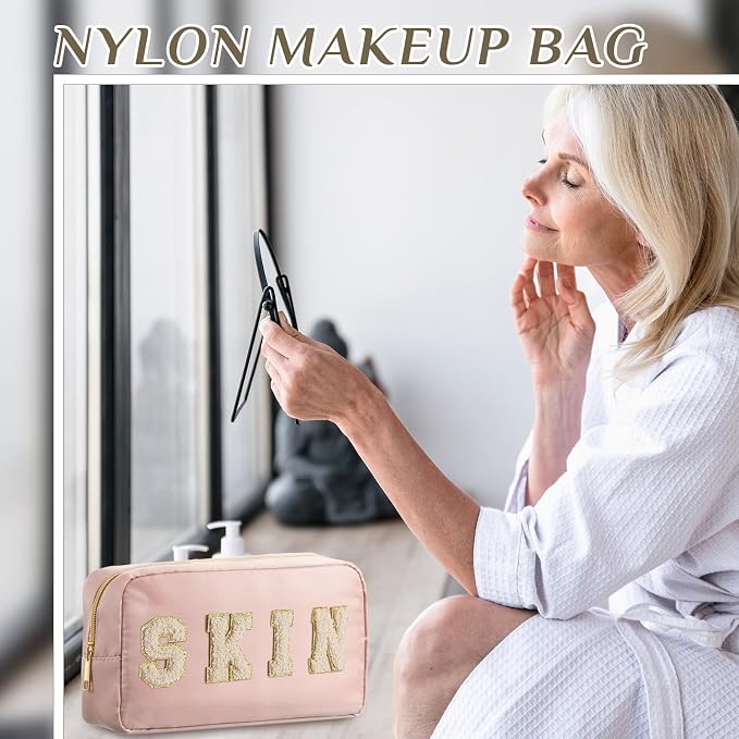 Preppy Makeup Bags Chenille Letter Stuff Bag Nylon Cosmetic Pouch Cases with Zipper for Women Travel Toiletry(Apricot Color,Classic,4 Pcs) - Image 3