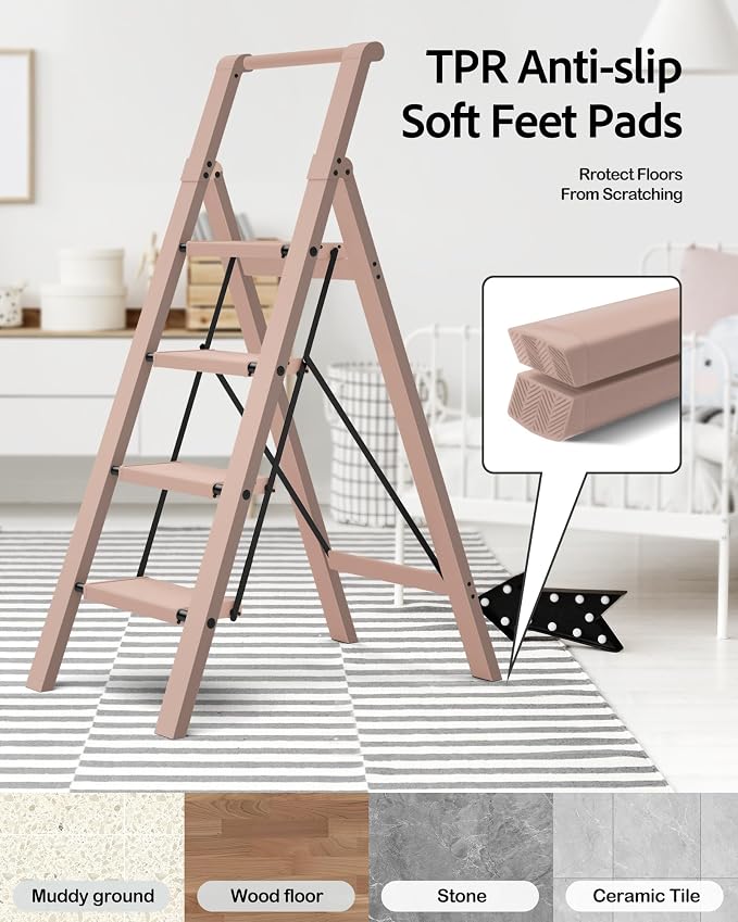 Taranta 4 Step Ladder,Aluminum Step Stool Foldable-Peach Pink | Lightweight Folding Ladder with Convenient Handgrip,Wide Top Pedal,330lbs Capacity Stepladder for Home,Office,Kitchen - Image 7