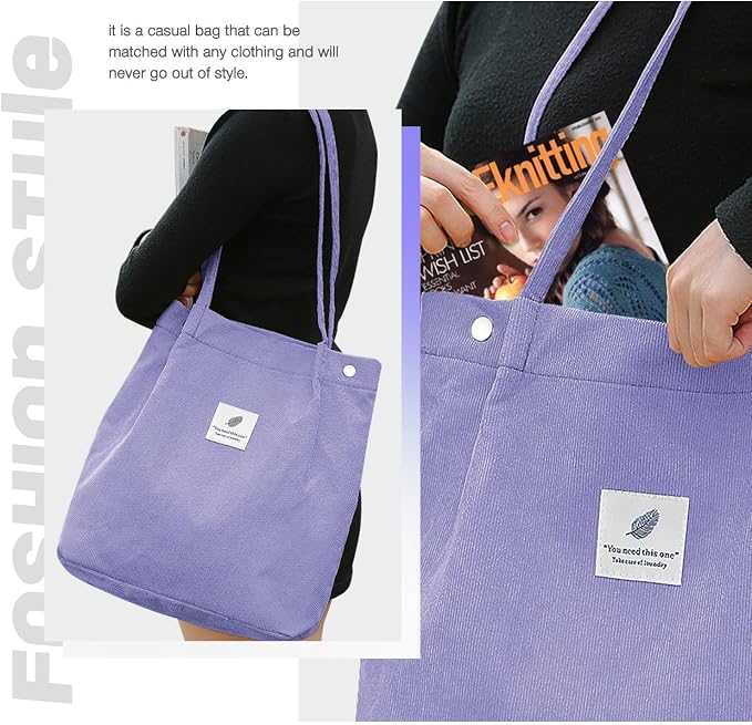 LHMTQVK Corduroy Tote Bags for Women, Large Capacity Tote Purse Reusable Grocery Shoulder Bag with Inner Pockets - Image 5
