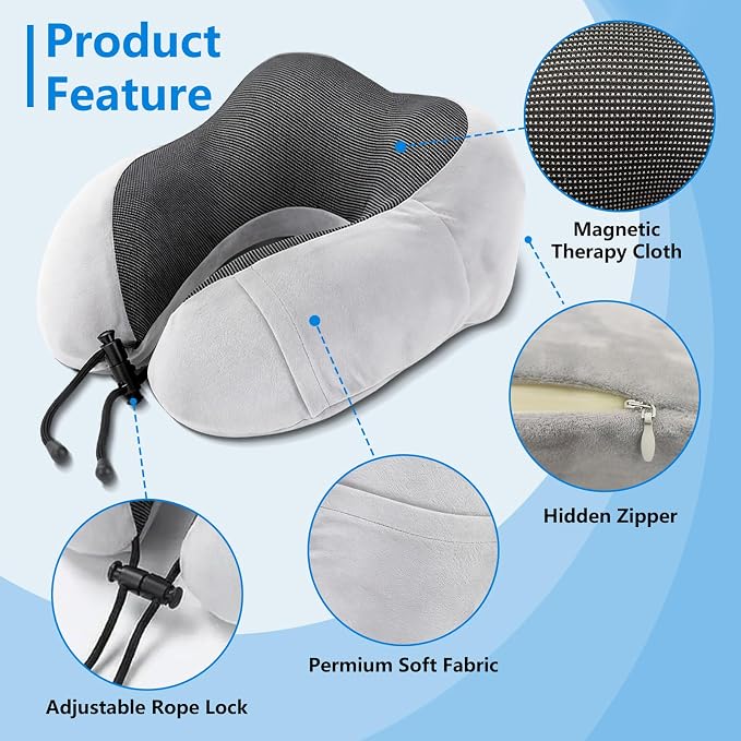 Purroch Travel Neck Pillow, Memory Foam Ergonomic U-Shape Neck Pillow with Chin Support, Head & Neck Support Travel Pillow for Plane, Car & Train, Gray - Image 3