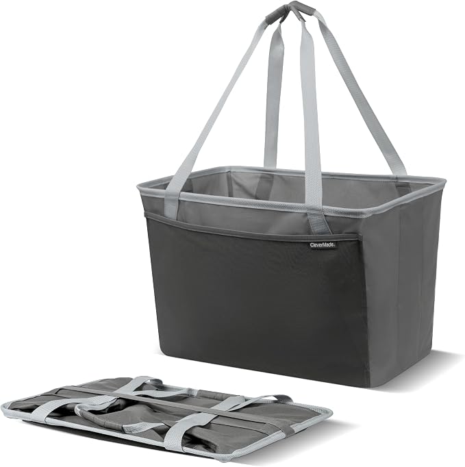 CleverMade EcoBasket Collapsible Grocery Tote, 30L Structured Tote Bag | Load Groceries Without the Bag Collapsing | The Structured Frame Stays Open, Then Folds to 1 Inch for Compact Trunk Storage by CleverMade