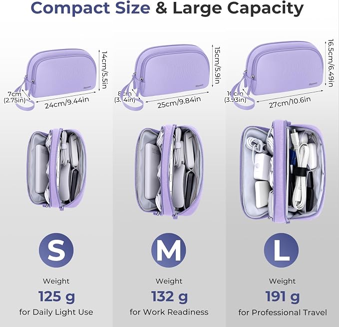 Skycase Travel Cable Organizer - Lightweight Water Resistant Dual-Layer Tech Pouch with Wrist Strap 9 Compartments Electronic Organizer Travel Case for Charger Cord Hard Drive,Medium,Purple - Image 3