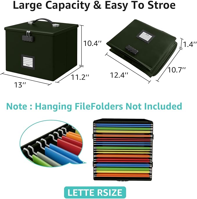 Army Green Fire Proof File Box for Documents - Portable Fireproof Document Organizer Box with Handle Waterproof Safe Locking Folder Storage with Lid - Image 4