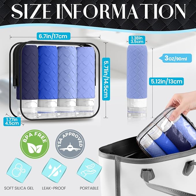 Silevoler Travel Bottles for Toiletries, TSA-Approved Travel Size Container | Woven Pattern BPA Free Silicone Leak Proof Refillable Liqus Shampoo And Conditioner Essentials Toiletry Bottles(Blue) - Image 3