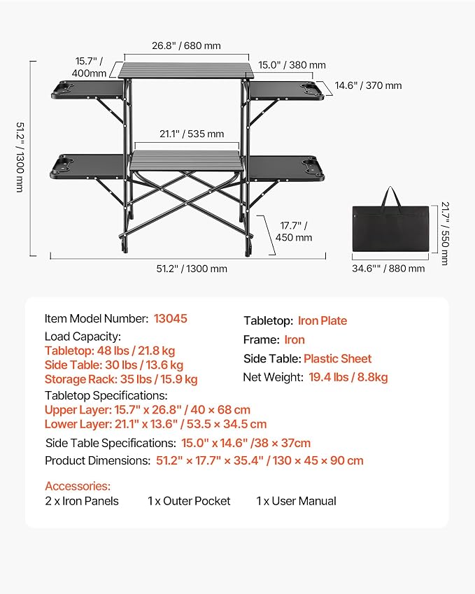 VEVOR Camping Kitchen Table, Slim-Fold Cook Station, Portable Folding Table, with 4 Side Tables, Heat Resistant Tabletop, and Carrying Bag, Ideal for Outdoor Picnics, BBQs, Camping, RV Traveling - Image 8