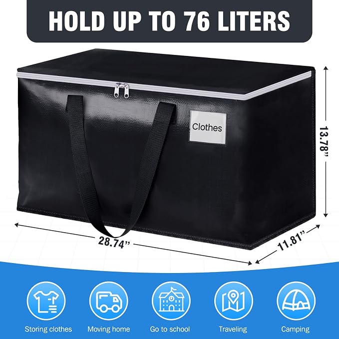 Heavy Duty Moving Bags, Extra Large Storage Bags, 76L, 6-Pack, Black | Foldable, with Zippers, Tag Pocket & Handles, Reusable, Space-saving, Water-Resistant, for moving & storage, Versatile Use - Image 2