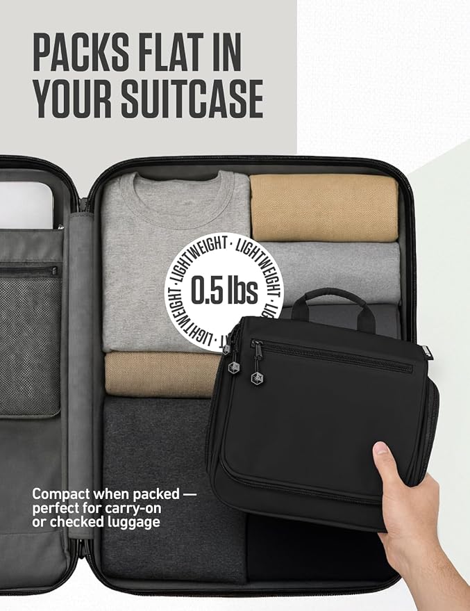 VENTURE 4TH Hanging Travel Toiletry Bag, 18 Compartments - Black | Hangs on rails, hooks or doors; stands upright. Removable TSA pouch. Water-resistant Nylon 290D Twill, reinforced stitching. - Image 8