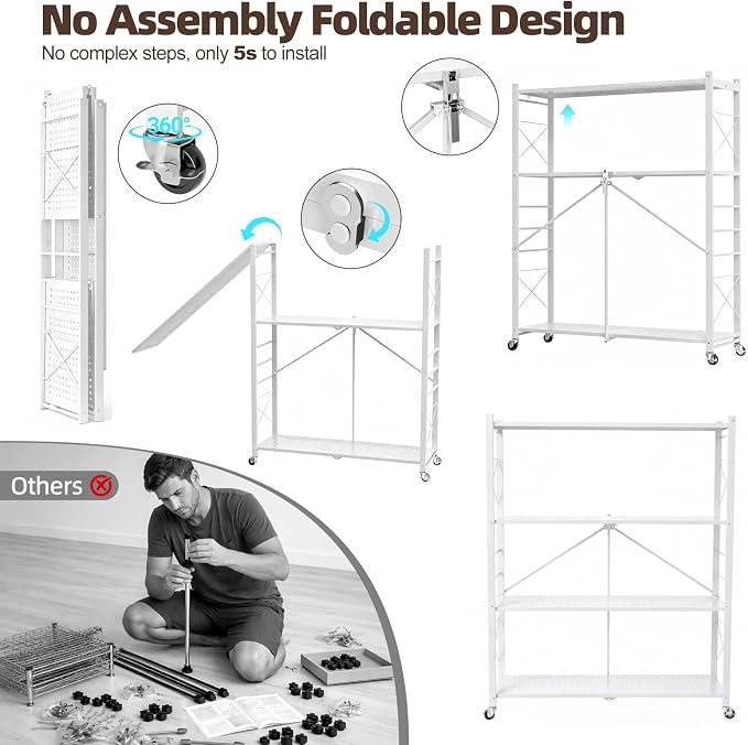 39.4" Wide 4-Tier Foldable Storage Shelves with Wheels & 20 Hooks | Heavy Duty Metal Folding Shelf Unit, No Assembly, Adjustable 3rd Shelf for Kitchen, Garage, Pantry, Bookshelf, White - Image 6