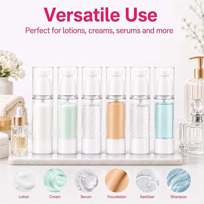 4 Pack Airless Pump Bottles, 1 oz Leakproof Travel Bottles with Pump for Toiletries, Small Empty Containers with Lids for Lotion Creams Serum Skin Care Shampoo Cosmetic Moisturizer Dispenser, Clear - Image 7