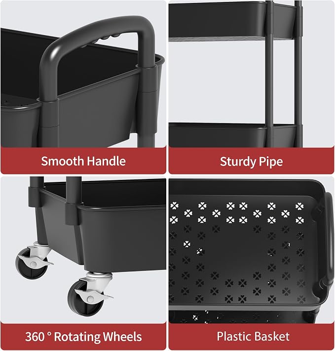 Sywhitta 4-Tier Plastic Rolling Utility Cart with Handle, Multi-Functional Storage Trolley for Office, Living Room, Kitchen, Movable Storage Organizer with Wheels, Black (Pack of 2) - Image 4