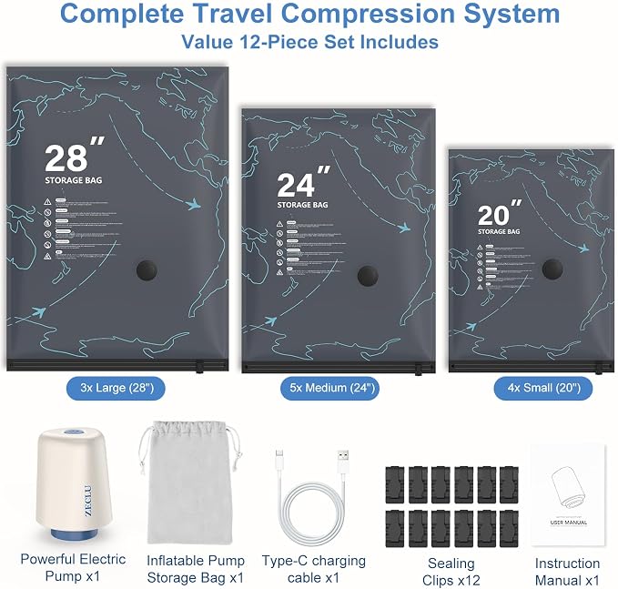 12 Pack Vacuum Bags for Travel with Pump for Clothing and Luggage | Rechargeable USB-C Pump, 3 Sizes, Space Saver Compression Bags for Suitcase, Carry-on, Flight and Closet Storage - Image 8