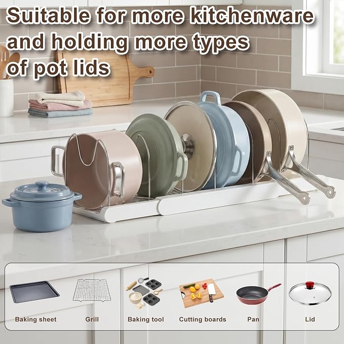 Expandable Pots and Pans Organizer Under Cabinet | 7 Stainless Steel Dividers, 13-22 inch Heavy Duty Pan Rack with Lid Holder, Pot Organizer Inside Cabinet for Kitchen Storage - Image 4