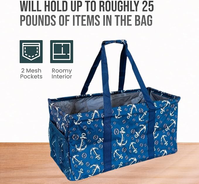 Extra Large Utility Tote Bag - Oversized Collapsible Reusable Wire Frame Rectangular Canvas Basket With Two Exterior Pockets For Beach, Pool, Laundry, Car Trunk, Storage - Anchor - Image 5