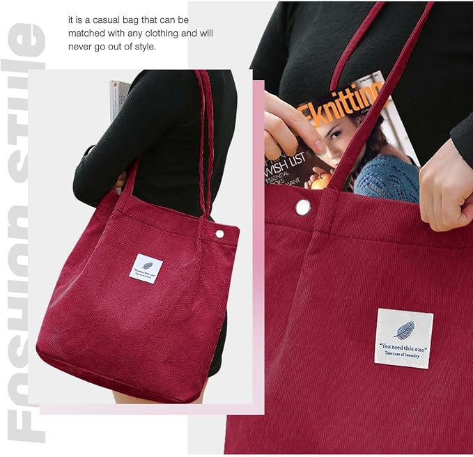 LHMTQVK Corduroy Tote Bags for Women, Large Capacity Tote Purse Reusable Grocery Shoulder Bag with Inner Pockets - Image 6