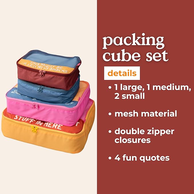 ban.do Packing Cube Set of 4, Really Important Stuff | Polyester and Mesh Packing Organizers, Includes 4 Foldable Luggage Packer Bags in Various Sizes with Quote Designs - Image 2