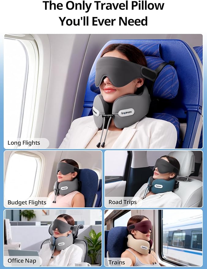 Travel Neck Pillow Seat Strap System, Long Flight Stable Support | High Supportive Foam Airplane Pillow, 3D Sleep Mask, 360° Headrest, Sleep Support Essential, Stop Head Bobbin, Light Grey - Image 8