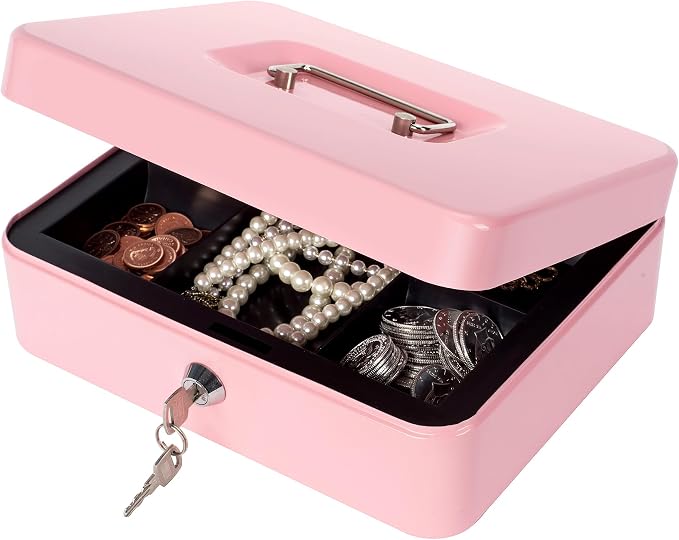 Cash Box with Lock and Money Tray Metal Money Box Large Cash Lock Box for Money 9.84" x 7.87" x 3.54" Pink Larger - Image 6