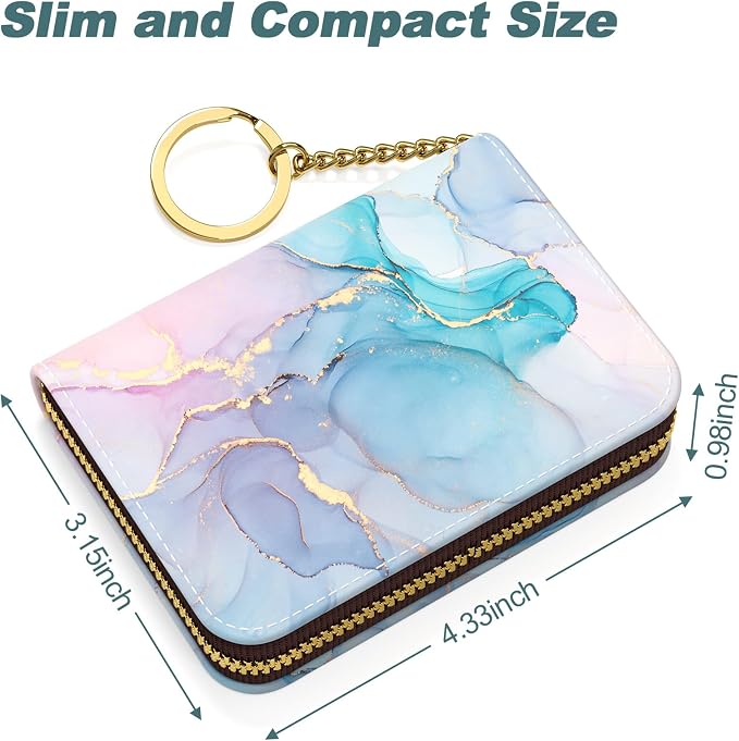 Nipichsha Women's Small RFID Blocking Leather Wallet, Colorful Ink Marble, Slim and Compact Size, 12-Slot Compartment, Protects Privacy | Leather Card Holder Wallet, Credit Card Wallet Organizer, Business Card Case with Zipper & Keychain, 12-Slot Compa... - Image 5