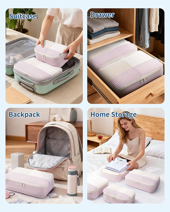 Narwey 7 Set Striped Packing Cubes for Travel Carry on Suitcase, Durable Packing Organizers Bag for Kids Women Men, Duffle Bags Backpack Travel Essentials Accessories (Dusty Pink Stripe) - Image 8