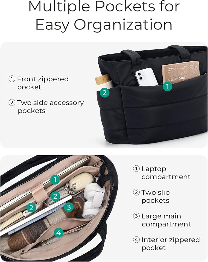 BAGSMART Tote Bag for Women, Lightweight Puffy Tote Bag with Compartments Shoulder Bag Handbag for Travel, Work, Gym | Lightweight - Image 4