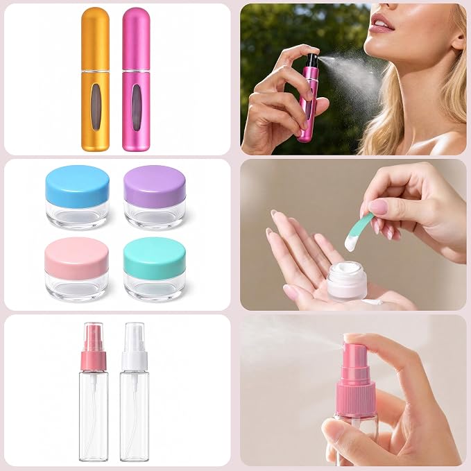 24 Pack Travel Bottles for Toiletries -TSA Approved Leak Proof Silicone Set | Refillable Travel Size Containers Kits with Perfume Spray Bottle for Shampoo, Conditioner, Lotion, Cosmetic (Colorful) - Image 4