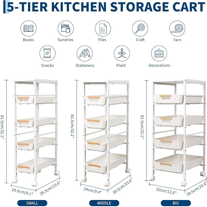 Garvee 5-Tier Slim Rolling Storage Cart, 12.6" Wooden Top Narrow Kitchen Carts on Wheels with Pull-Out Baskets, Mobile Shelving Unit Organizer for Kitchen, Bathroom, Laundry Room, Small Spaces - Image 3