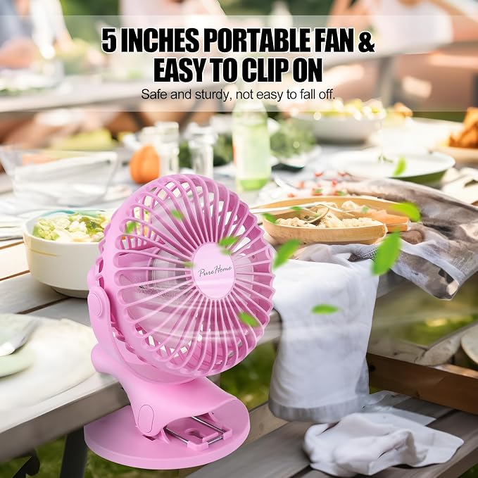 PureHome Portable Clip Fan Battery Operated,3 Speeds USB Rechargeable Mini Table Fan with Strong Airflow,360°Rotation Ultra Quiet Personal Desk Fan for Home Office Bedroom Dorm Stroller Camping- Pink - Image 6